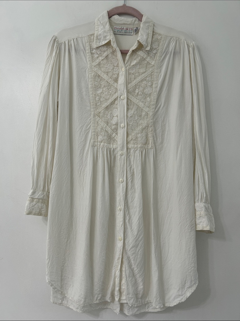VTG Passports of Pier 1 Boho Tunic Button Front Embroidered Yoke Cottagecore Top